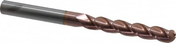 Accupro - 1/2" Diam, 3" LOC, 3 Flute Solid Carbide Ball End Mill - TiCN Finish, Single End, 6" OAL, 1/2" Shank Diam, Spiral Flute - Benchmark Tooling