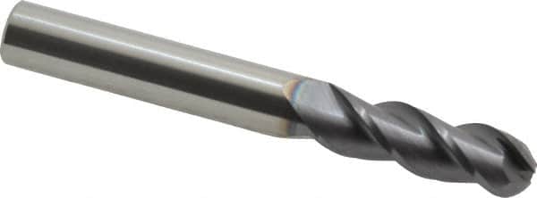 Accupro - 3/8" Diam, 1-1/8" LOC, 3 Flute Solid Carbide Ball End Mill - AlTiN Finish, Single End, 3" OAL, 3/8" Shank Diam, Spiral Flute - Benchmark Tooling