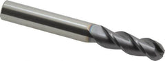 Accupro - 3/8" Diam, 1-1/8" LOC, 3 Flute Solid Carbide Ball End Mill - AlTiN Finish, Single End, 3" OAL, 3/8" Shank Diam, Spiral Flute - Benchmark Tooling