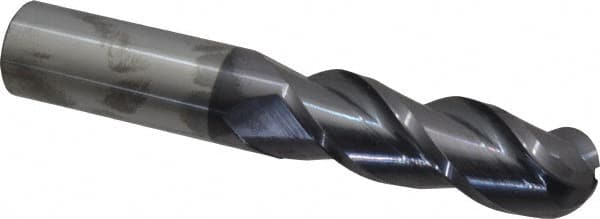 Accupro - 1" Diam, 3" LOC, 3 Flute Solid Carbide Ball End Mill - AlTiN Finish, Single End, 6" OAL, 1" Shank Diam, Spiral Flute - Benchmark Tooling