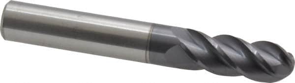 Accupro - 10mm Diam, 25mm LOC, 4 Flute Solid Carbide Ball End Mill - AlTiN Finish, Single End, 70mm OAL, 10mm Shank Diam, Spiral Flute - Benchmark Tooling