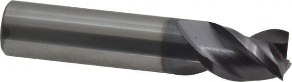 Accupro - 1/2", 5/8" LOC, 1/2" Shank Diam, 2-1/2" OAL, 3 Flute, Solid Carbide Square End Mill - Single End, AlTiN Finish, Spiral Flute, 40° Helix, Centercutting, Right Hand Cut, Right Hand Flute - Benchmark Tooling