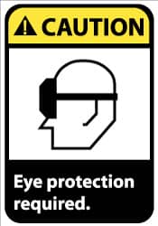 NMC - Accident Prevention Label, Header: CAUTION - Legend: Caution - Eye Protection Required, English, Black, Yellow & White, 5" Long x 3" High, Sign Muscle Finish - Benchmark Tooling