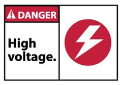 NMC - Accident Prevention Label, Header: DANGER - Legend: Danger - High Voltage, English, Red, Black & White, 5" Long x 3" High, Sign Muscle Finish - Benchmark Tooling