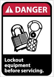 NMC - Accident Prevention Label, Header: DANGER - Legend: Danger - Lock Out Equipment Before Servicing, English, Red, Black & White, 5" Long x 3" High, Sign Muscle Finish - Benchmark Tooling