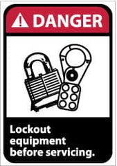 NMC - Accident Prevention Label, Header: DANGER - Legend: Danger - Lock Out Equipment Before Servicing, English, Red, Black & White, 5" Long x 3" High, Sign Muscle Finish - Benchmark Tooling