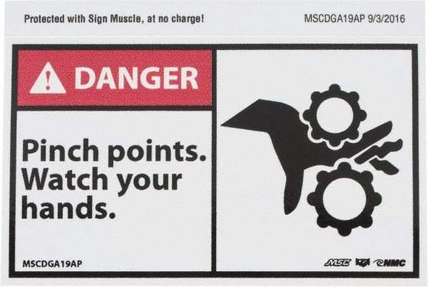 NMC - Accident Prevention Label, Header: DANGER - Legend: Danger - Pinch Points - Watch Your Hands, English, Red, Black & White, 5" Long x 3" High, Sign Muscle Finish - Benchmark Tooling