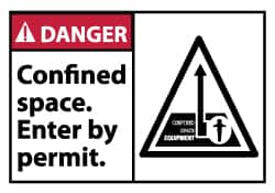 NMC - Accident Prevention Label, Header: DANGER - Legend: Danger - Confined Space - Enter by Permit, English, Red, Black & White, 5" Long x 3" High, Sign Muscle Finish - Benchmark Tooling