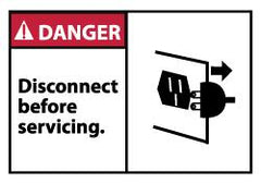 NMC - Accident Prevention Label, Header: DANGER - Legend: Danger - Disconnect Before Servicing, English, Red, Black & White, 5" Long x 3" High, Sign Muscle Finish - Benchmark Tooling