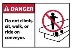 NMC - Accident Prevention Label, Header: DANGER - Legend: Danger - Do Not Climb Sit Walk or Ride on Conveyor, English, Red, Black & White, 5" Long x 3" High, Sign Muscle Finish - Benchmark Tooling