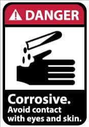 NMC - Accident Prevention Label, Header: DANGER - Legend: Danger - Corrosive - Avoid Contact with Eyes and Skin, English, Red, Black & White, 5" Long x 3" High, Sign Muscle Finish - Benchmark Tooling