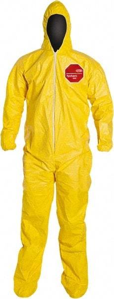 Dupont - Size XL PE Film Chemical Resistant Coveralls - Yellow, Zipper Closure, Elastic Cuffs, Open Ankles, Serged Seams - Benchmark Tooling