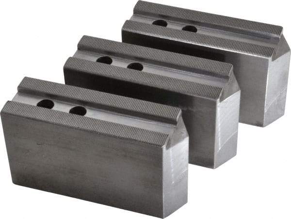 H & R Manufacturing - 1.5mm x 60° Serrated Attachment, Square Soft Lathe Chuck Jaw - 3 Jaws, Steel, 1.181" Btw Mount Hole Ctrs, 6-1/4" Long x 2" Wide x 3-1/2" High, 0.71" Groove, 14mm Fastener - Benchmark Tooling