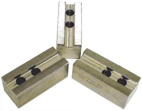 H & R Manufacturing - 1.5mm x 60° Serrated Attachment, Square Soft Lathe Chuck Jaw - 3 Jaws, Aluminum, 1.69" Btw Mount Hole Ctrs, 6-1/2" Long x 2-1/2" Wide x 5" High, 1" Groove, 20mm Fastener - Benchmark Tooling