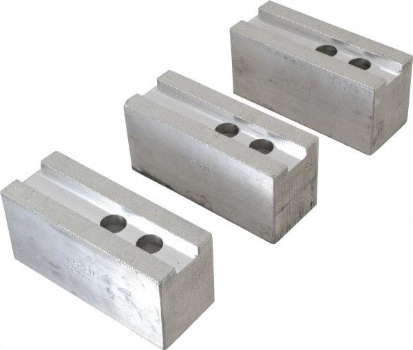 H & R Manufacturing - 1.5mm x 60° Serrated Attachment, Square Soft Lathe Chuck Jaw - 3 Jaws, Aluminum, 1.181" Btw Mount Hole Ctrs, 5-1/4" Long x 2" Wide x 2-1/2" High, 0.827" Groove, 16mm Fastener - Benchmark Tooling