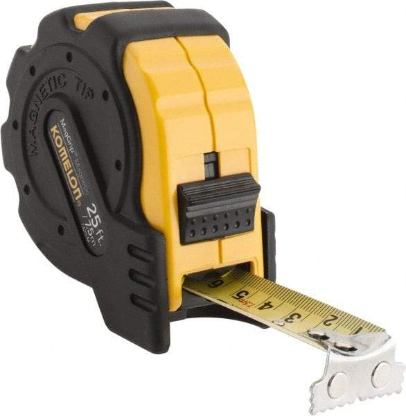 Komelon - 25' x 1" Yellow Blade Tape Measure - 1/16" & 1mm Graduation, Inch/Metric Graduation Style, Yellow/Black Case - Benchmark Tooling