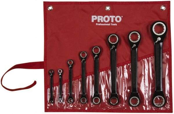 Proto - 8 Piece, 7/32" x 9/32" to 1" x 1-1/8", 12 Point Ratcheting Box Wrench Set - Inch Measurement Standard, Black/Chrome Finish, Comes in Pouch - Benchmark Tooling