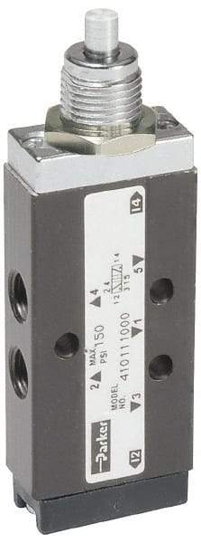 Parker - 0.20 CV Rate, 1/8" NPT Inlet Direct Air 2 Mechanical Spool Valve - 4 Way, 2 Position, 150 Max psi, Plunger Spring Return - Benchmark Tooling