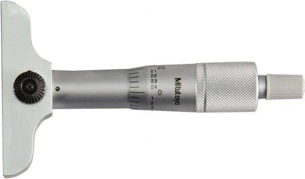 Mitutoyo - 0 to 1" Range, 1 Rod, Mechanical Depth Micrometer - Ratchet Stop Thimble, 2-1/2" Base Length, 0.01mm Graduation, 4mm Rod Diam - Benchmark Tooling