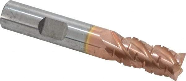 ProMax - 7/16" Diam, 1" LOC, 4 Flute Solid Carbide Roughing & Finishing Corner Radius End Mill - TiCN Finish, 2-3/4" OAL, 7/16" Shank Diam, Weldon Shank, 40° Helix, Centercutting, Regular Length - Benchmark Tooling