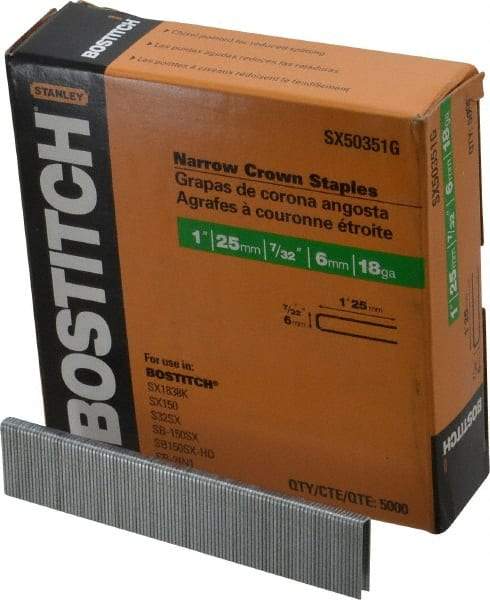 Stanley Bostitch - 1" Long x 7/32" Wide, 18 Gauge Crowned Construction Staple - Steel, Galvanized Finish - Benchmark Tooling