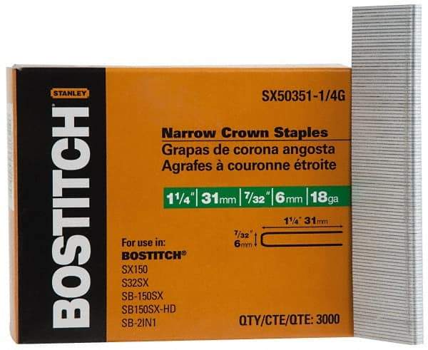 Stanley Bostitch - 1-1/4" Long x 7/32" Wide, 18 Gauge Crowned Construction Staple - Steel, Galvanized Finish - Benchmark Tooling