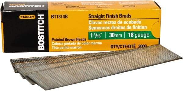 Stanley Bostitch - 18 Gauge 0.05" Shank Diam 1-3/16" Long Brad Nails for Power Nailers - Steel, Bright Finish, Ring Shank, Straight Stick Adhesive Collation, Brad Head, Chisel Point - Benchmark Tooling