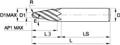 Kennametal - 6° Taper Angle per Side, 0.394" Small End Diam, 52.3mm LOC, Solid Carbide 4 Flute Tapered Ball End Mill - TiAlN/TiN/TiAlN Finish, 125mm OAL, 20mm Shank Diam, Spiral Flute, 30° Helix - Benchmark Tooling