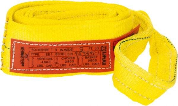 Lift-All - 8' Long x 3" Wide, 4,800 Lb Vertical Capacity, 1 Ply, Polyester Web Sling - 3,800 Lb Choker Capacity, Yellow - Benchmark Tooling