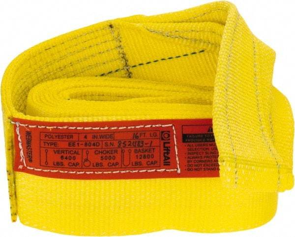 Lift-All - 16' Long x 4" Wide, 6,400 Lb Vertical Capacity, 1 Ply, Polyester Web Sling - 5,000 Lb Choker Capacity, Yellow - Benchmark Tooling