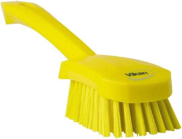 Vikan - 1.3" Bristle Length, Polyester Scrub Brush - 4-1/4" Long x 2-3/4" Wide Head, 10" OAL, Yellow, Polypropylene Block - Benchmark Tooling