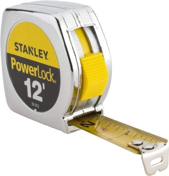 Stanley - 12' x 3/4" Yellow Blade Tape Measure - 1/32 & 1/16" Graduation, Inch Graduation Style, Silver Case - Benchmark Tooling