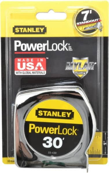 Stanley - 30' x 1" Yellow Blade Tape Measure - 1/16" Graduation, Inch Graduation Style, Silver Case - Benchmark Tooling