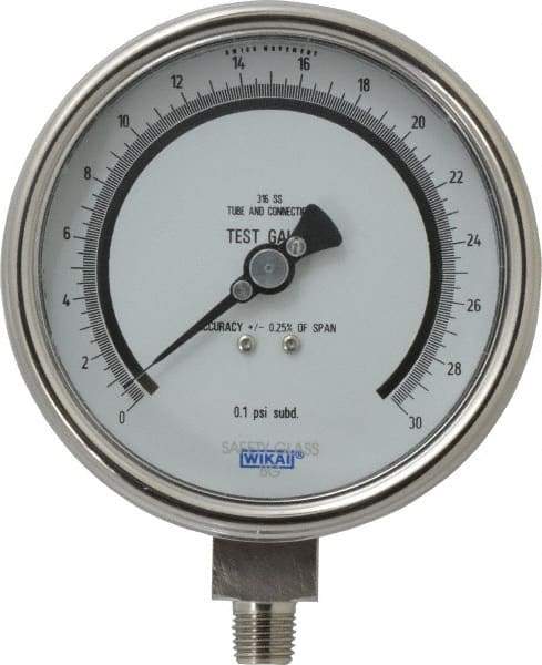 Wika - 4" Dial, 1/4 Thread, 0-30 Scale Range, Pressure Gauge - Lower Connection Mount, Accurate to 0.25% of Scale - Benchmark Tooling