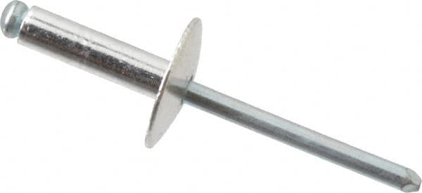 RivetKing - Size 68 Large Flange Dome Head Aluminum Open End Blind Rivet - Steel Mandrel, 0.376" to 1/2" Grip, 5/8" Head Diam, 0.192" to 0.196" Hole Diam, 0.7" Length Under Head, 3/16" Body Diam - Benchmark Tooling