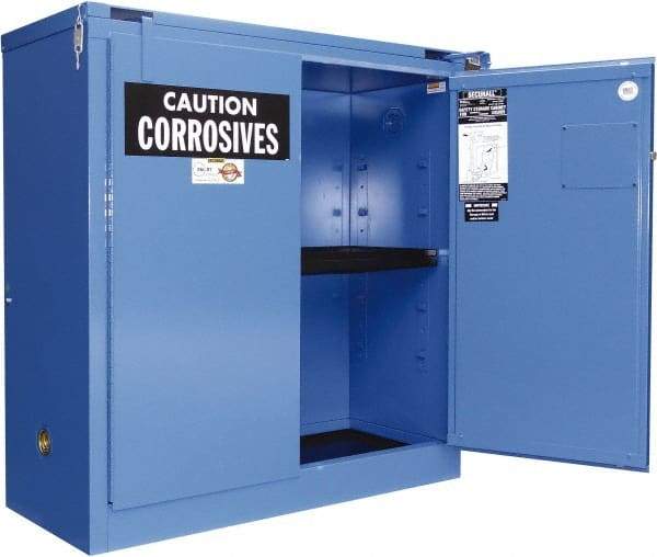 Securall Cabinets - 2 Door, 2 Shelf, Blue Steel Standard Safety Cabinet for Corrosive Chemicals - 67" High x 43" Wide x 18" Deep, Self Closing Door, 3 Point Key Lock, 45 Gal Capacity - Benchmark Tooling