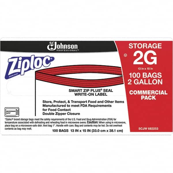 Ziploc - 100 Piece, 2 Gallon Capacity, 13 Inch Long x 15-1/2 Inch Wide, Ziploc Storage Bag - 1.75 mil Thick, Rectangle Clear Plastic - Benchmark Tooling