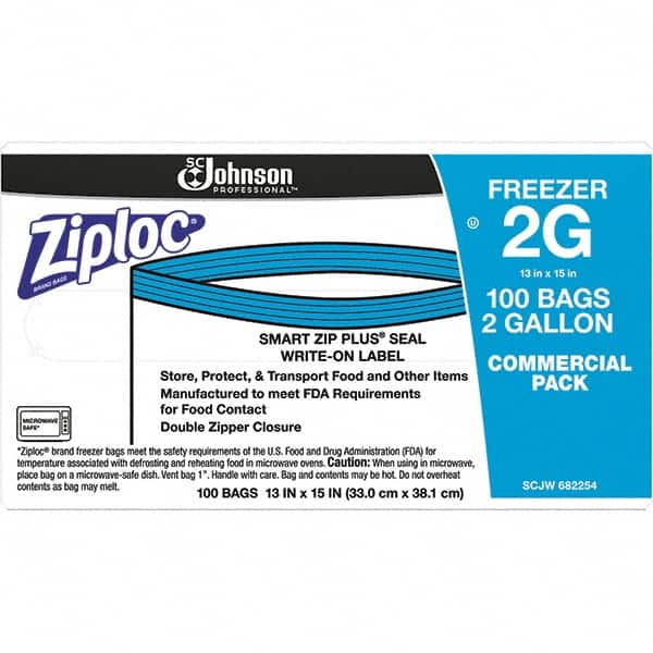 Ziploc - 100 Piece, 2 Gallon Capacity, 13 Inch Long x 15-1/2 Inch Wide, Ziploc Freezer Bag - 2.7 mil Thick, Rectangle Clear Plastic - Benchmark Tooling