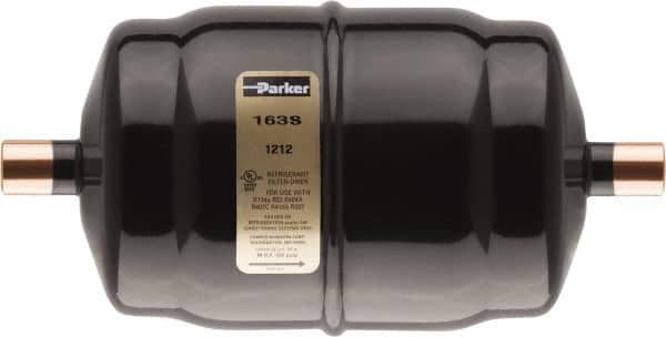 Parker - 3/8" Connection, 2-1/2" Diam, 4.39" Long, Refrigeration Liquid Line Filter Dryer - 5-3/16" Cutout Length, 78 Drops Water Capacity - Benchmark Tooling