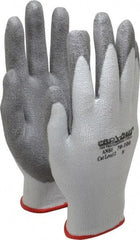 PRO-SAFE - Size S (7), ANSI Cut Lvl A2, Puncture Lvl 1, Abrasion Lvl 4, Polyurethane Coated HPPE Fiber Cut Resistant Gloves - 9" Long, Palm & Fingers Coated, HPPE Fiber Lining, Knit Wrist, White w/ Gray Coating, Paired - Benchmark Tooling