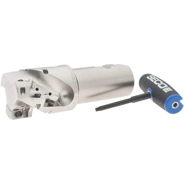 Seco - 2" Cut Diam, 1.85" Max Depth of Cut, 1-1/2" Shank Diam, 5.49" OAL, Indexable Square Shoulder Helical End Mill - XO.X 1806 Inserts, Weldon Shank, 90° Lead Angle, Through Coolant, Series Power Turbo - Benchmark Tooling