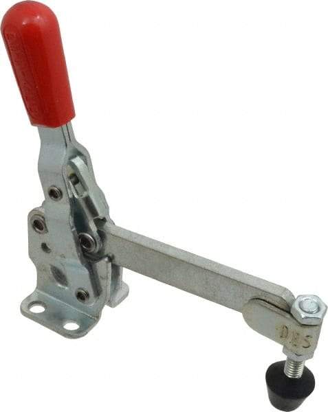 De-Sta-Co - 500 Lb Holding Capacity, Vertical Handle, Manual Hold Down Toggle Clamp - 57° Handle Movement, 99° Bar Opening, Solid Bar, Flanged Base, Electro-Plated Zinc, Carbon Steel - Benchmark Tooling