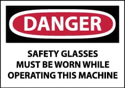 NMC - Accident Prevention Label, Header: DANGER - Legend: Danger - Safety Glasses Must Be Worn While Operating This Machine, English, Red, Black & White, 5" Long x 3" High, Sign Muscle Finish - Benchmark Tooling