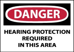 NMC - Accident Prevention Label, Header: DANGER - Legend: Danger - Hearing Protection Required in This Area, English, Red, Black & White, 5" Long x 3" High, Sign Muscle Finish - Benchmark Tooling