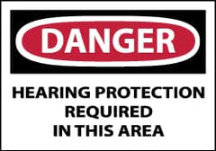 NMC - Accident Prevention Label, Header: DANGER - Legend: Danger - Hearing Protection Required in This Area, English, Red, Black & White, 5" Long x 3" High, Sign Muscle Finish - Benchmark Tooling