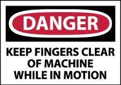 NMC - Accident Prevention Label, Header: DANGER - Legend: Danger - Keep Fingers Clear of Machine While in Motion, English, Red, Black & White, 5" Long x 3" High, Sign Muscle Finish - Benchmark Tooling