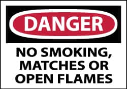 NMC - Accident Prevention Label, Header: DANGER - Legend: Danger - No Smoking, Matches or Open Flames, English, Red, Black & White, 5" Long x 3" High, Sign Muscle Finish - Benchmark Tooling