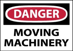 NMC - Accident Prevention Label, Header: DANGER - Legend: Danger - Moving Machinery, English, Red, Black & White, 5" Long x 3" High, Sign Muscle Finish - Benchmark Tooling