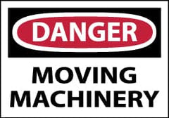 NMC - Accident Prevention Label, Header: DANGER - Legend: Danger - Moving Machinery, English, Red, Black & White, 5" Long x 3" High, Sign Muscle Finish - Benchmark Tooling