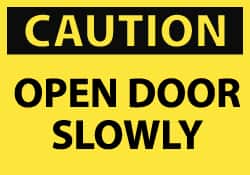 NMC - Caution - Open Door Slowly, Pressure Sensitive Vinyl Fire and Exit Sign - 5" Wide x 3" High - Benchmark Tooling